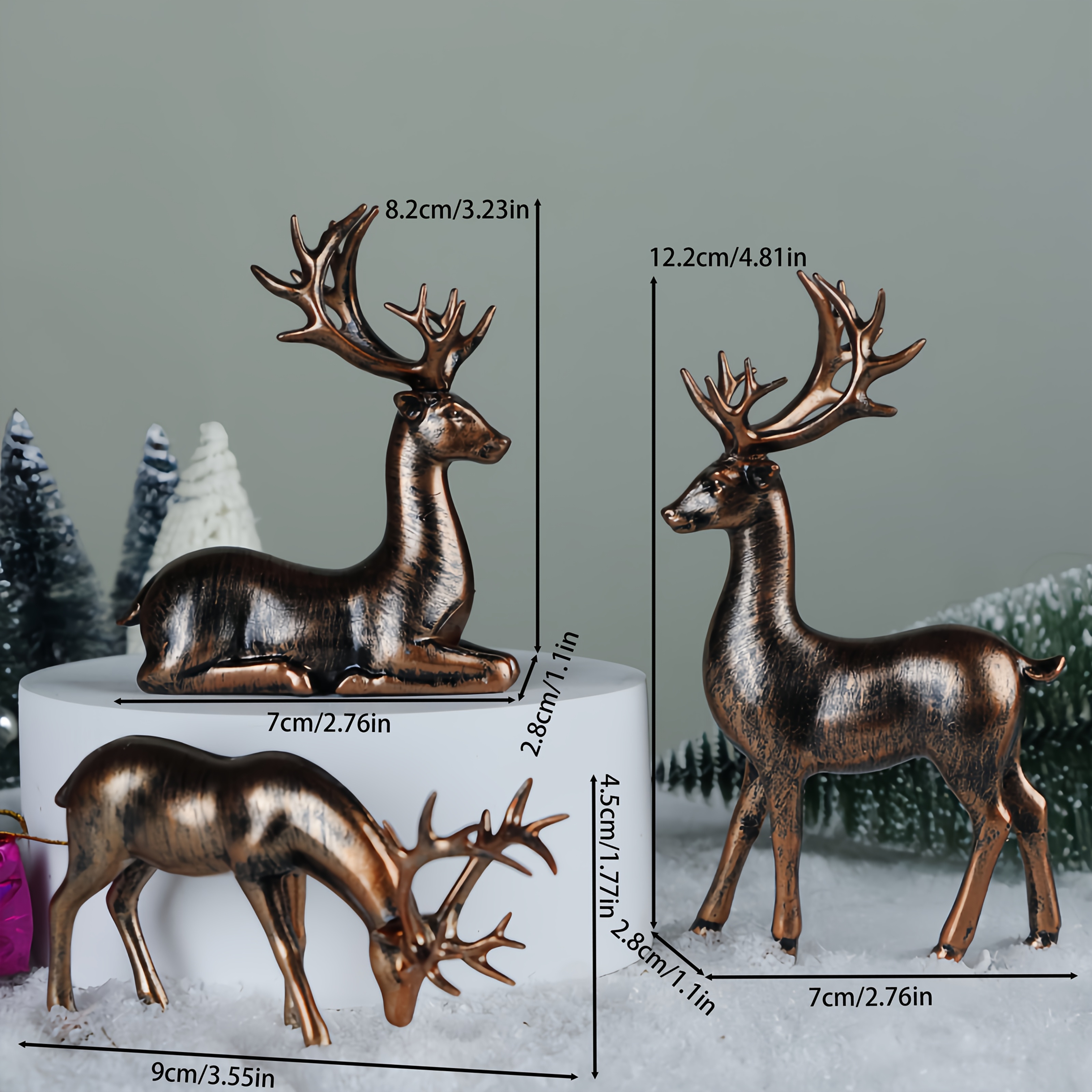 Image of 3pcs Set, Collection Furniture, Elk Figurine, Christmas Miniature Statue, Holiday Atmosphere Decoration, Home Decor Ornament, Office And Living Room Desktop Decoration, Winter-themed Decor