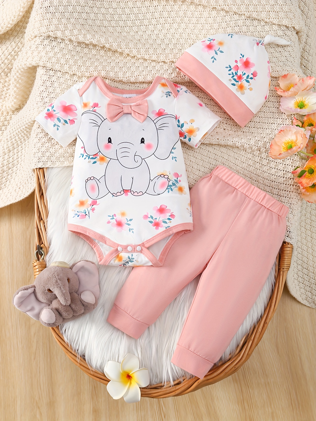 3pcs Newborn Girls' Outfit Set Cute Cartoon Elephant Print Bodysuit with  Bow, Elastic Waist Pants Matching Hat Polyester Blend, Machine Washable - Main Image