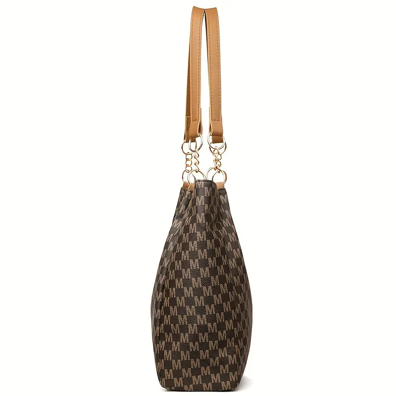womens vintage tote bag lightweight large capacity convertible shoulder bag clutch synthetic leather with zipper closure hardware decorative m emblem for daily shopping brown white black travel bag details 10