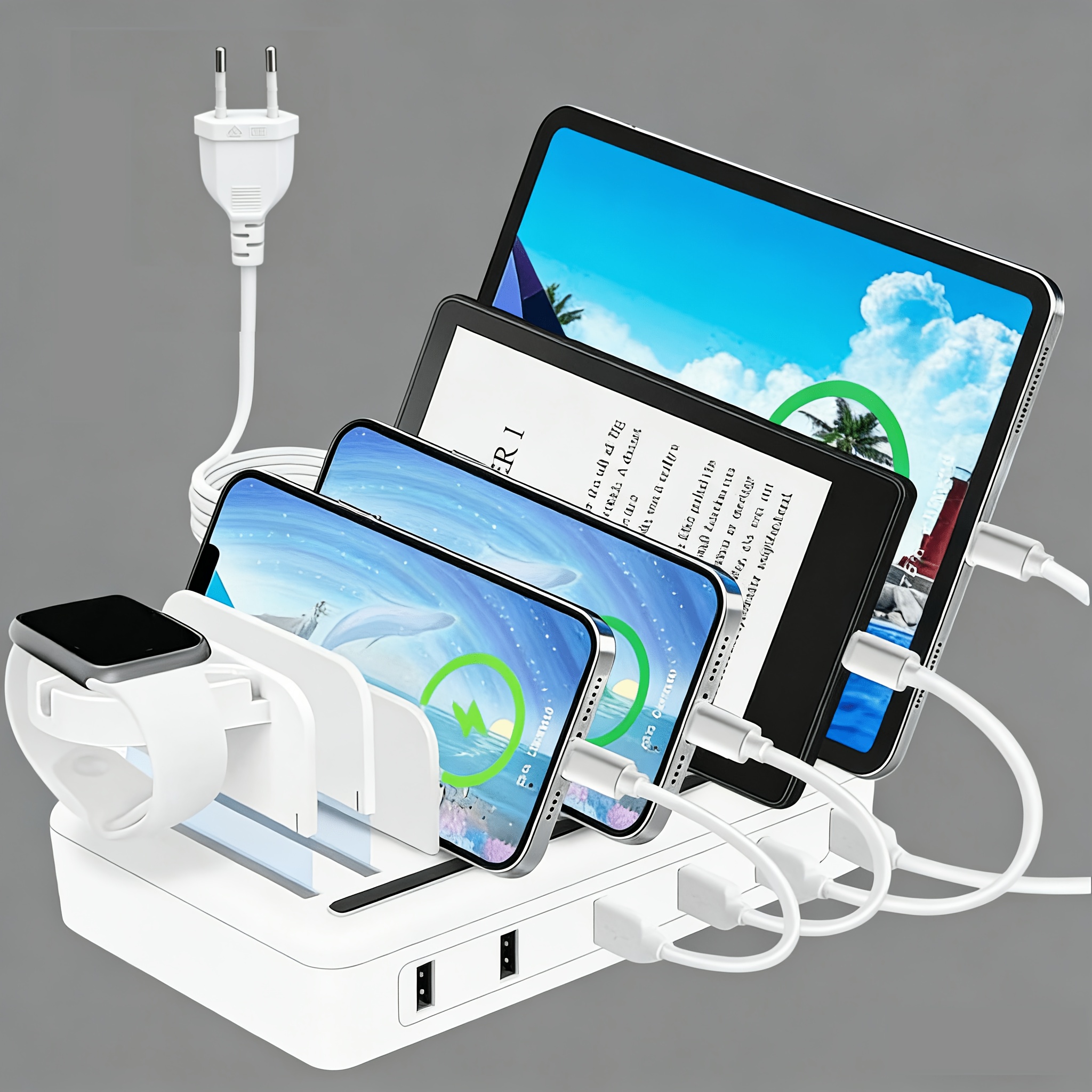 Image of Rapid Charging For Devices, 50w 6-port Usb Charging Dock With 10-slot, Removable Dividers, Watch Stand, Compatible With Phones, Kindles, And Tablets (includes 6 Short Cables) In White