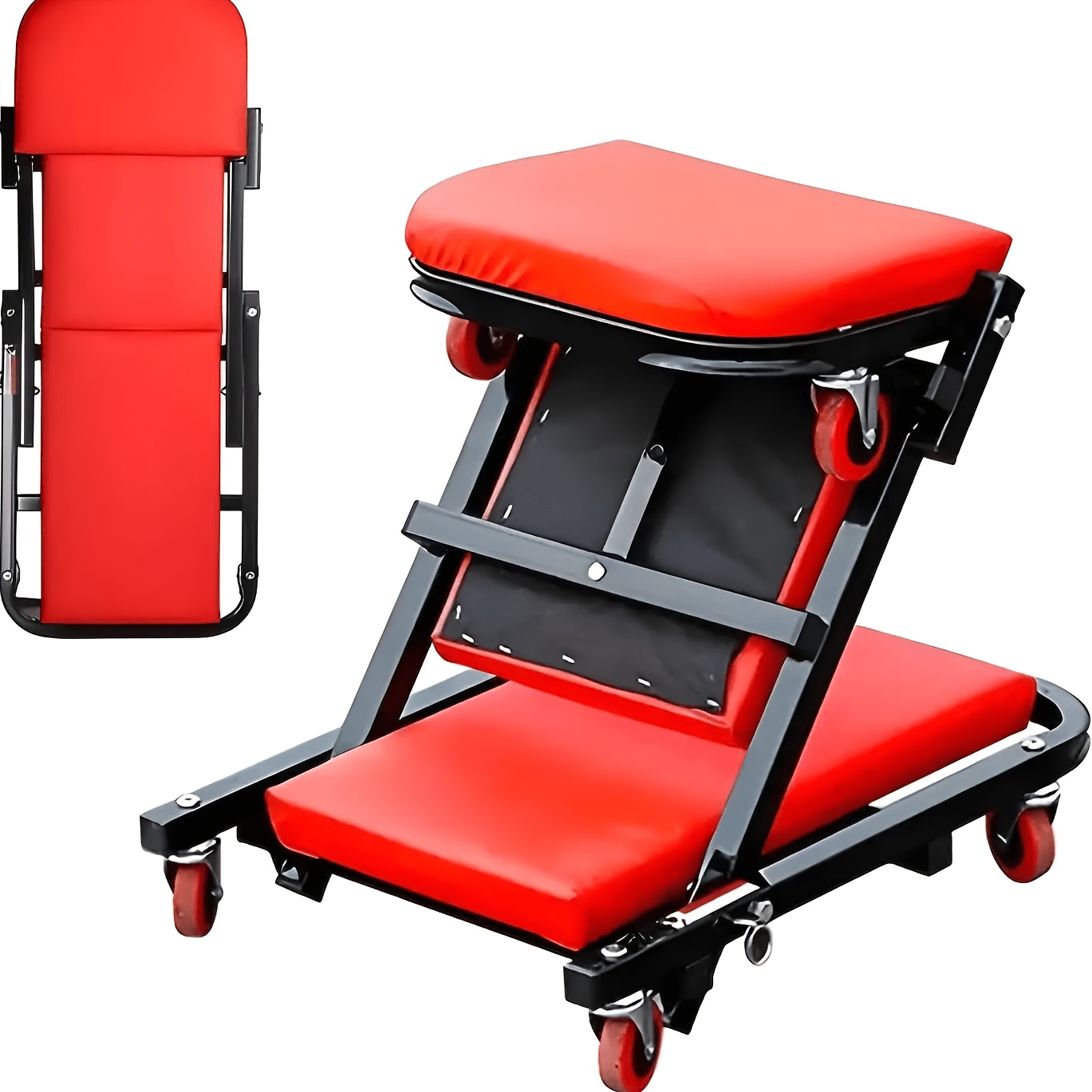 TEMU 36-inch Foldable Creeper Seat, Mobile Garage Stool With Tool Tray, Rolling Work Seat For Auto Repair, Workshop, Red