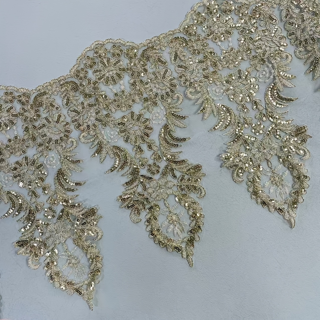 Image of 1 Yard Golden Sequined Lace, 36cm Wide Embroidered Decorative Lace, Suitable For Wedding Dress, Veil, Evening Gown, Home Decor