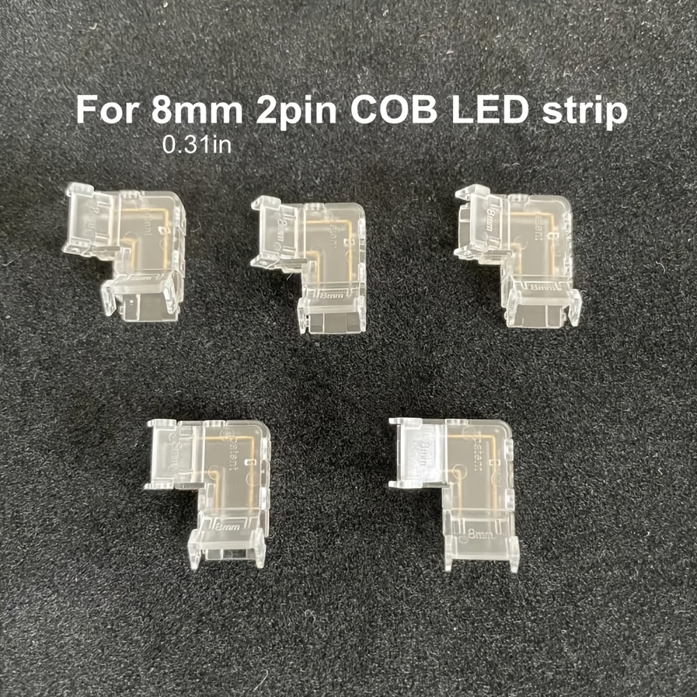 Image of 5pcs 90 Degree L-shaped Cob Led Strip Light Connectors, 8mm 2-pin, Clear Plastic, No Power Required, For Rgb Cct Tape Lights