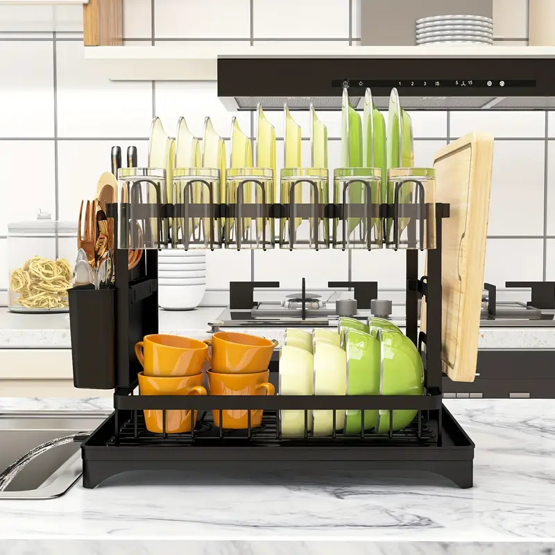 dish drying rack 2 tier dish racks for kitchen counter dish rack with mat dish drainer with knife fork cup rack gifts for women mothers day cool stuff kitchen gadgets Product details 5
