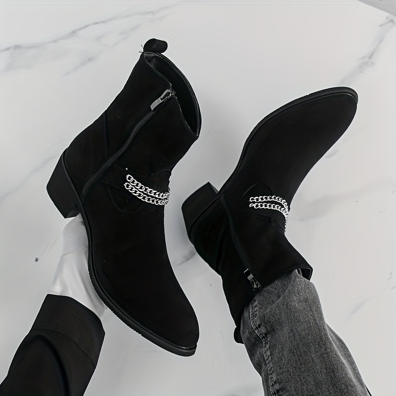 item picture mens boots pointed toe business dress high heel side zipper boots with chain decoration   party biker ankle boots fashion dress shoes