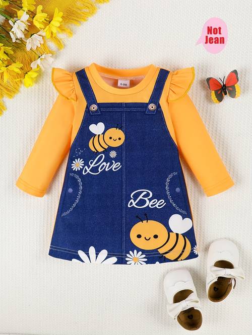 imitation denim single piece girls spring autumn thin childrens dress newborn dress round neck comfortable fashion ruffle long sleeve cute pattern comfortable childrens dress with flower bee pattern fashion sweet elegant girls dress