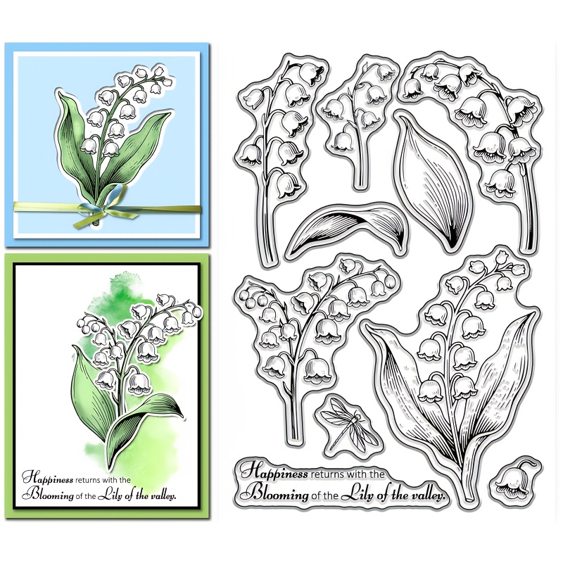 E-shop Maiglöckchen transparenter Stempel zum Kartenbasteln, Pflanzen-, Blumen-, Blatt-transparenter Stempel, Libellen-transparenter Stempel für