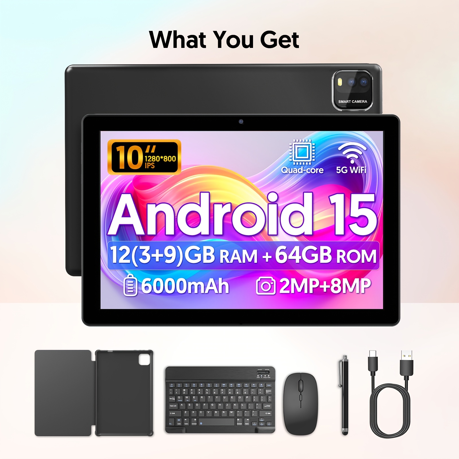 tablični računalnik s tipkovnico, 15 tablični računalnik 10 palcev z 12 (3+9) GB+64 GB, 1 TB razširljivost, 4-jedrni, 6000 mAh, 2.0 MP+8.0 M