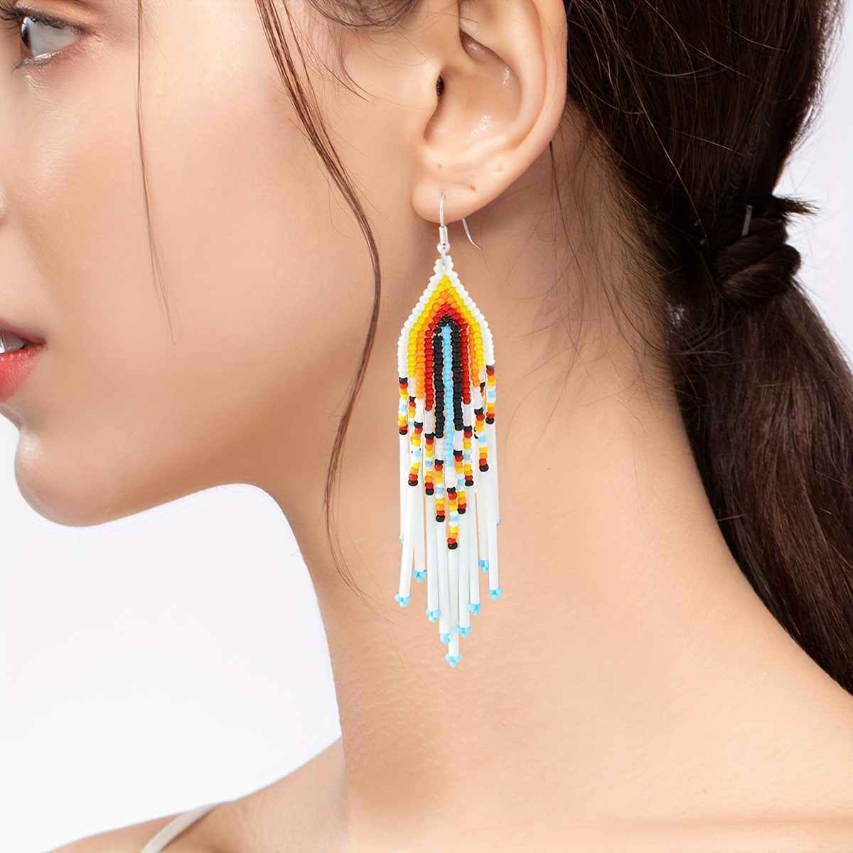 

Bohemian Style Beaded Tassel Earrings For Women, Color Block Fringe Beaded Dangle Earrings, Elegant Fashion Statement Jewelry, Handmade Ethnic Long Drop Earrings