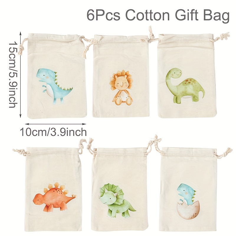 Gift For Her/him 6pcs/set, Dinosaur Theme Cotton Gifts Bags, Dinosaur Birthday Party Decoration, Forest Jungle Happy 1st Birthday Wild 1 Supplies Packing Bags