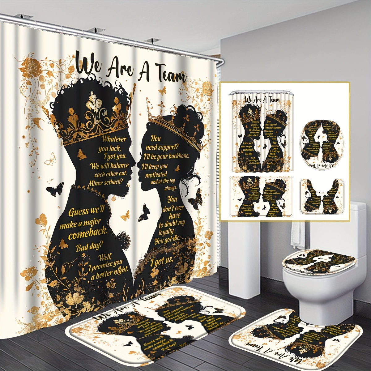 

4pcs Queen Shower Curtain Set, We Are A Team Bathroom Sets, Including 12 Hooks, Non-slip Bath Mat, Toilet Seat Cover And U-shaped Rug, Polyester Waterproof Bathroom Decoration