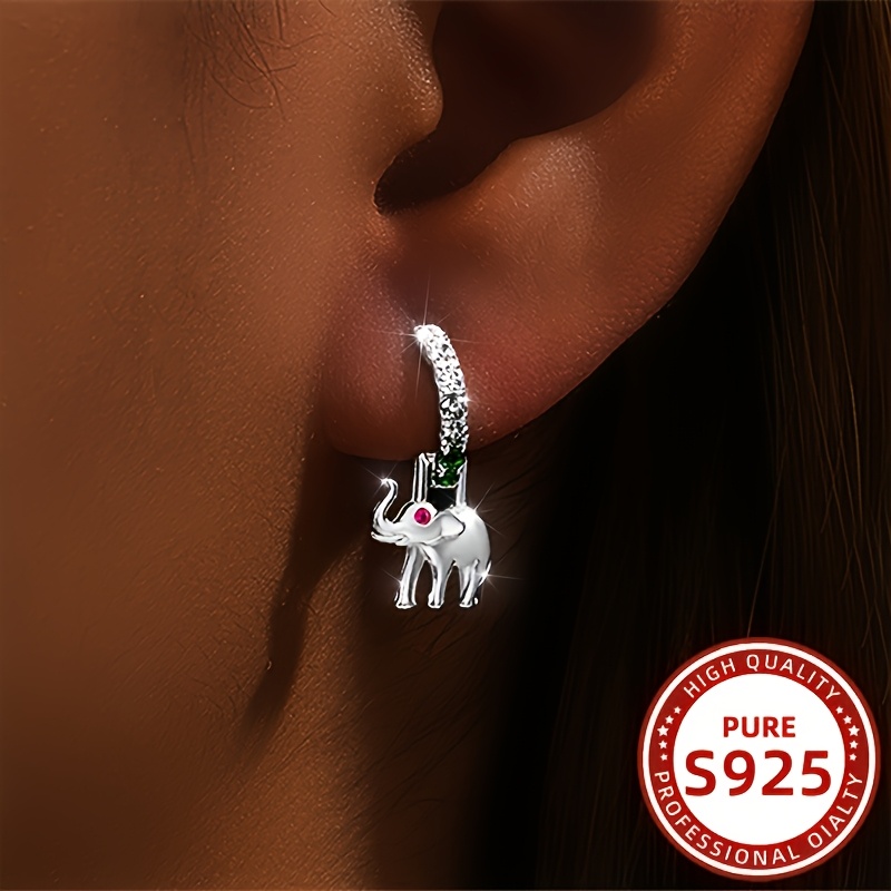 

1 Pair Yashiman Elephant Hoop Earrings For Women, 925 Sterling Silver, Synthetic Zirconia, Silver Plated, Lightweight 1.97g, Party And Vacation Accessory