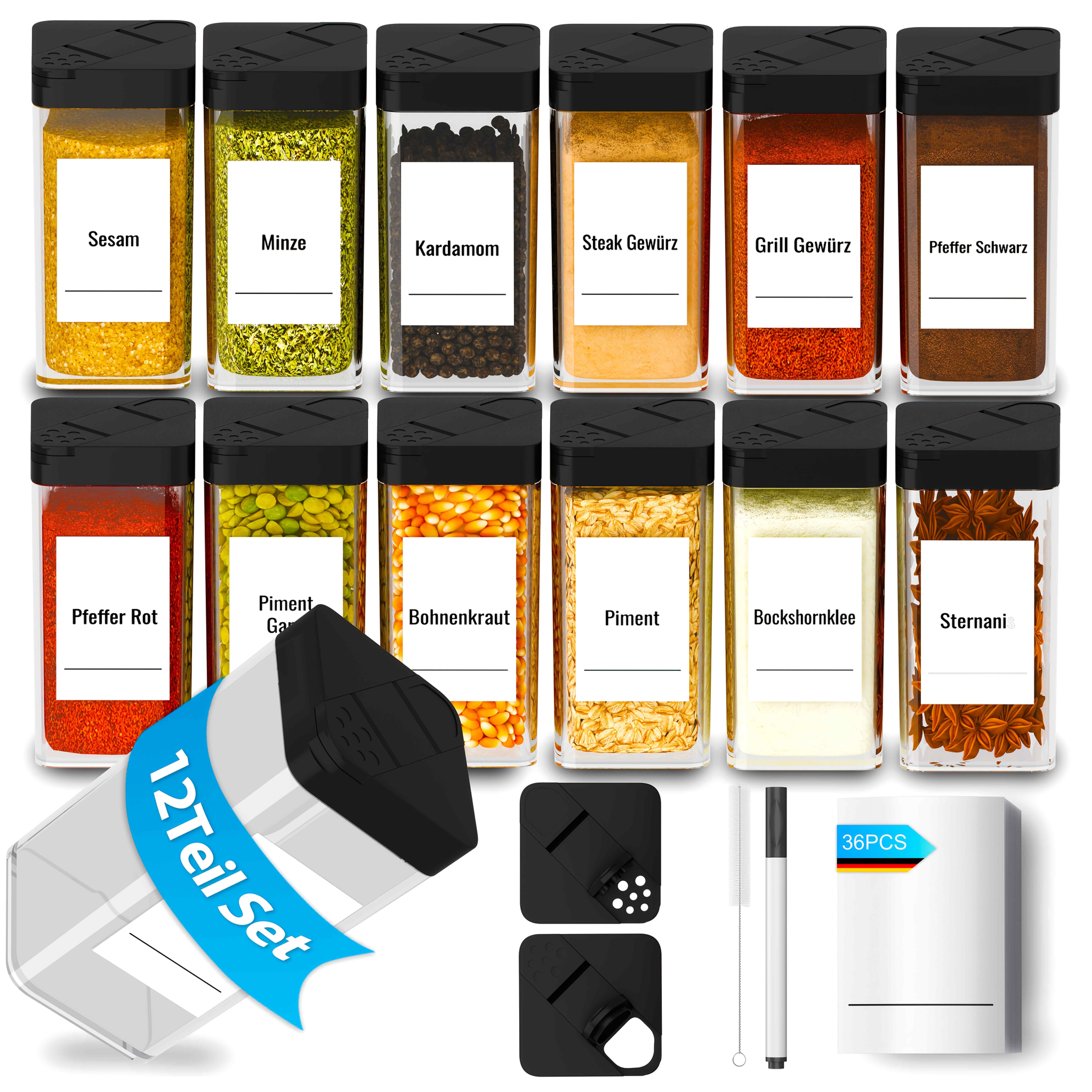 E-shop 12 Gewürzgläser, quadratisch, luftdicht, Gewürzgläser mit breiter Öffnung, Kunststoff-Set, Gewürzbehälter, Gewürzgläser, Gewürzaufbewahrung,