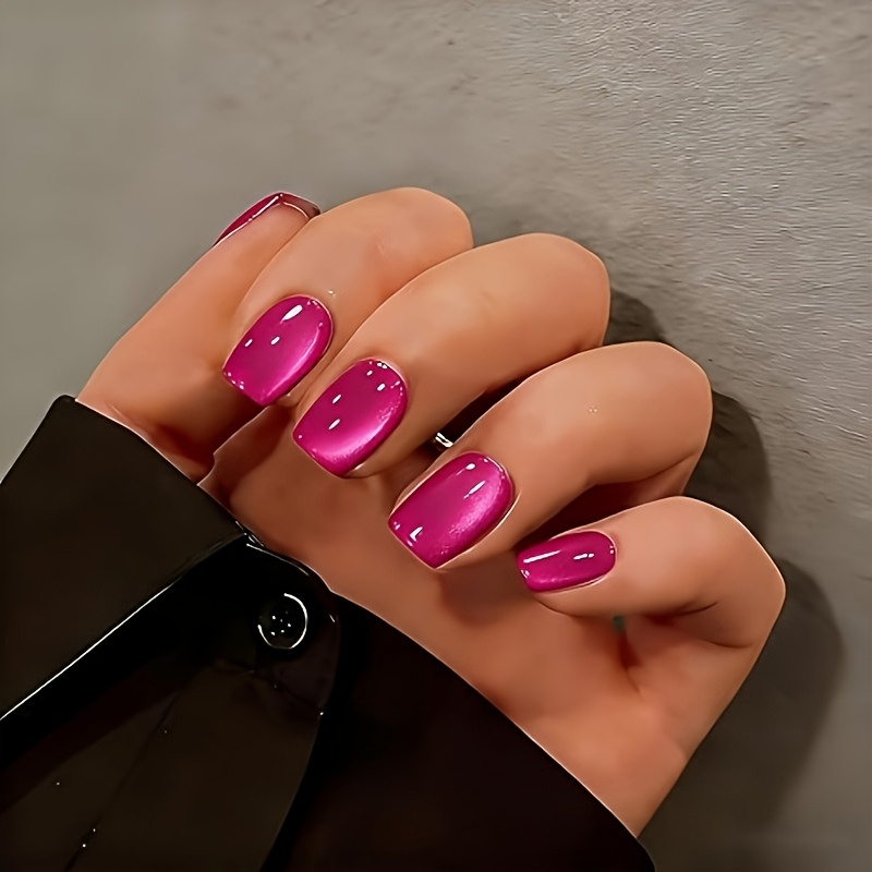 TEMU Hot Pink Cat Eye Short Press-on Nails, 24pcs Set, Hot Pink Short Style, Shimmering Cat , Bright And Vibrant, Reusable, Suitable For Women