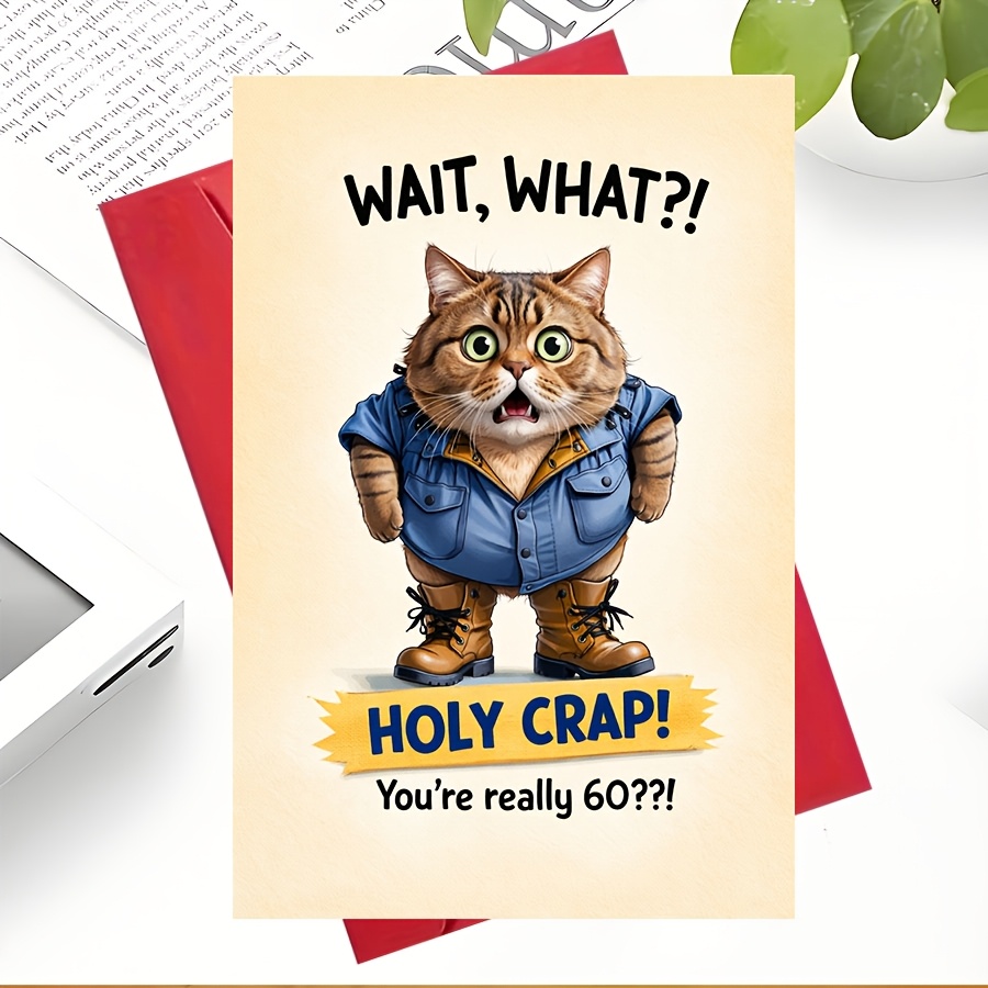 TEMU 1pc Greeting Card Funny 60th Birthday Card Cat Theme Humor For Him Her Dad Mom Coworker Joke Greeting For Party Celebration Gift Flat Card