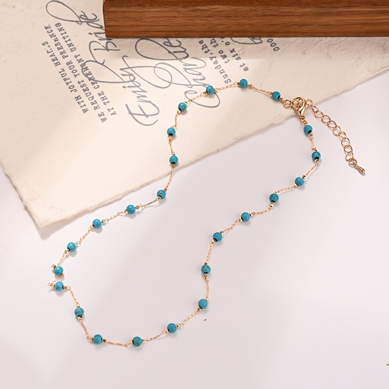 TEMU 1pc Beaded Necklace, Stainless Steel Elegant Golden Beaded Necklace, Bohemian Style Turquoise Beaded Necklace, Natural Stone Necklace. Suitable