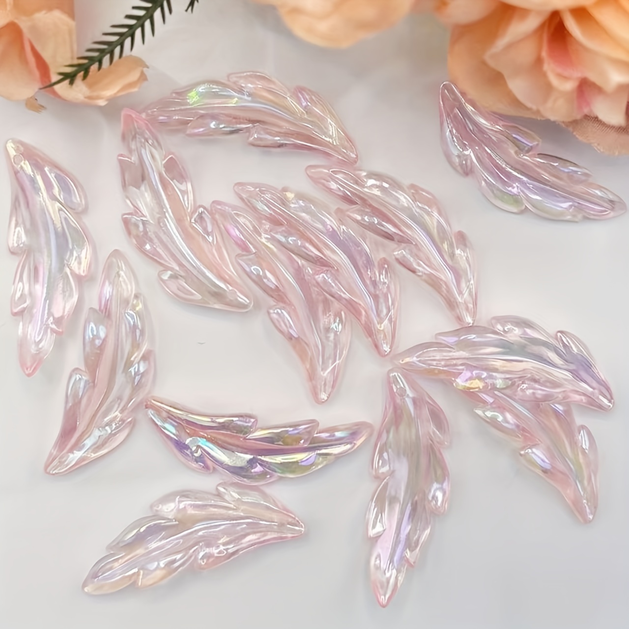 

20 Pcs Transparent Iridescent Feather Leaves For Diy: Handmade Crafts, Jewelry Accessories, And Decorative Beads - Suitable For Bracelets, Necklaces, And More - Acrylic Material