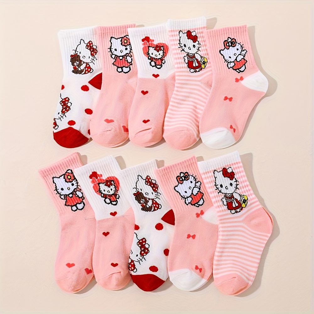 Image of 5/10 Pairs Hello Kitty Girls Socks, Cute Cartoon Ankle Crew Socks, Breathable Soft Knit, Pink Red Heart Pattern, Winter Toddler Socks