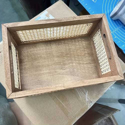 1pc vintage wooden storage basket with rattan weave detail rectangular organizer for books snacks and more japanese for living room or kitchen decor small storage basket shelf baskets