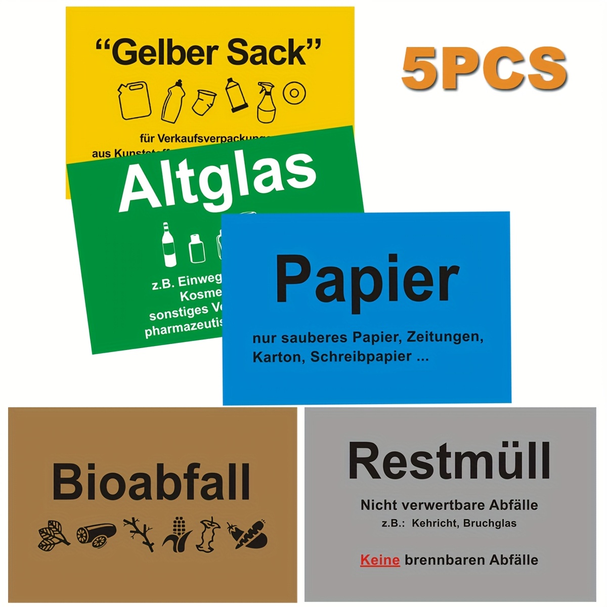 5pcs Waste Stickers - / Waste/paper Waste/ Waste/old Glass Recycling Stickers, 5.91x3.94 Inches
