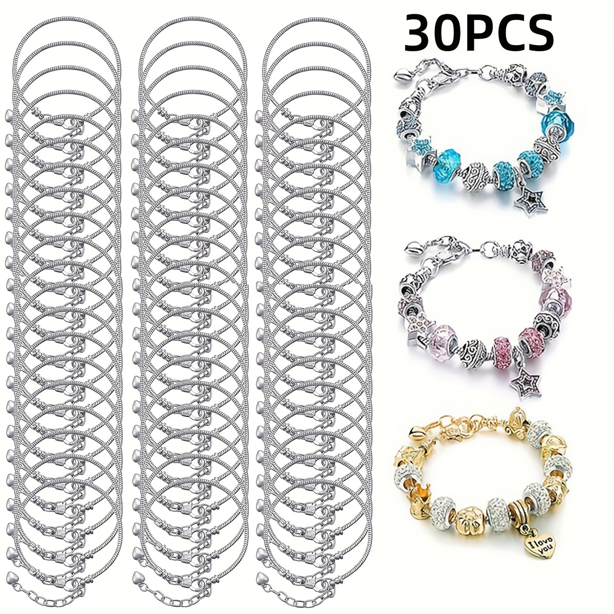 30pcs Adjustable Silvery Snake Chain Bracelet Set For Women - Perfect For Diy Beads Hand Accessories Holiday Gift