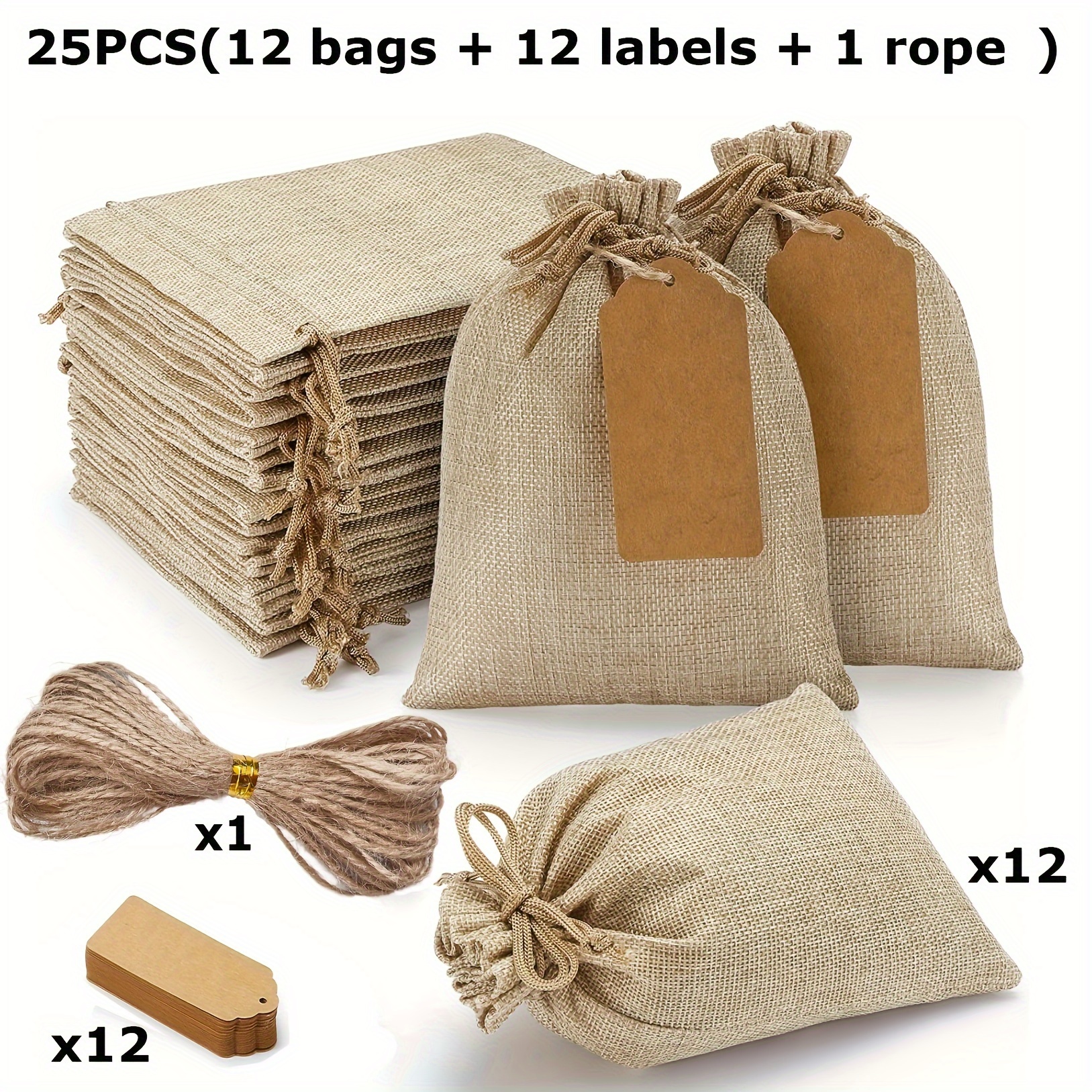 

25pcs/set Drawstring Gift Bags With 12 Labels Rope, 4"x6" Bags For Christmas, Thanksgiving, Halloween, Wedding, Diy Crafts, Home & Kitchen Party Supplies