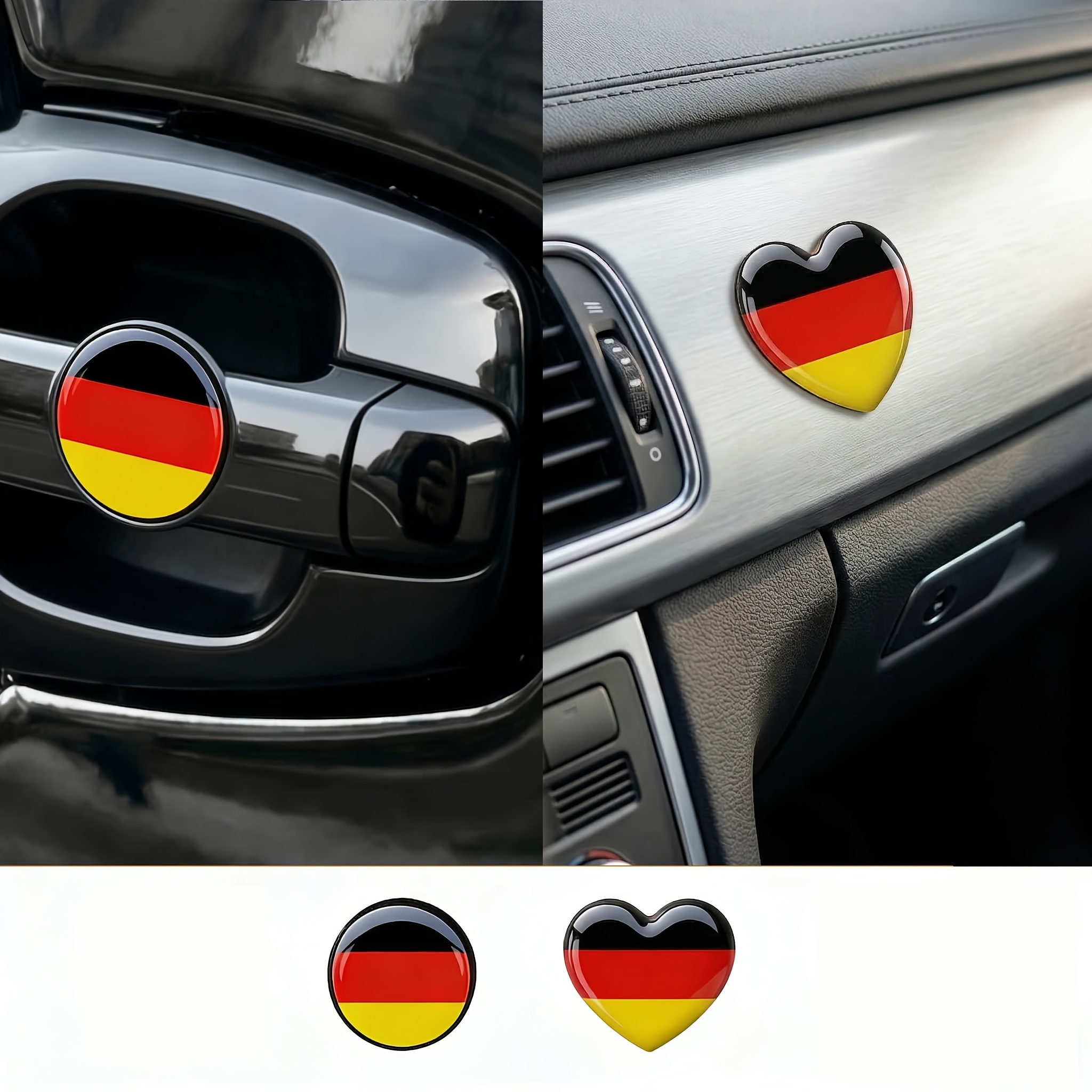 2pcs Set Of German Flag Crystal Epoxy Stickers, Heart-shaped / Round Car Badge With A Sense Of Ceremony, Car Interior / Motorcycle Helmet Universal Sticker