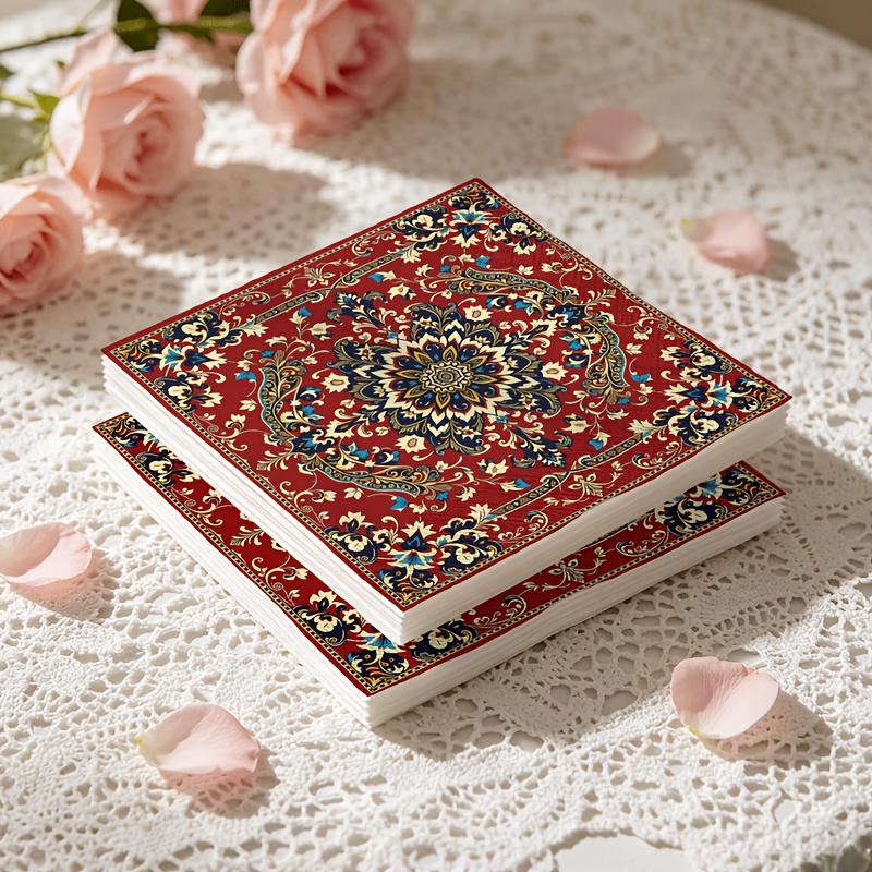 TEMU 20pcs Napkins, Exquisite Vintage Red With Golden And Blue Paisley Floral Mandala Pattern Double-layer Embossed Napkins, Luxurious European -,