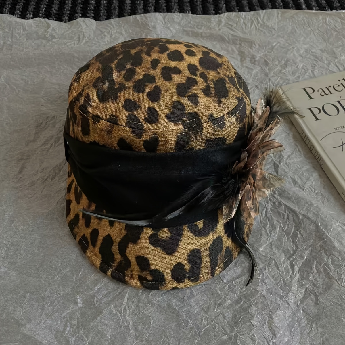 TEMU 2d Flat - 1pc Women's Leopard Print Military , Feather Flower Accent And Flat Brim, Vintage Statement Newsboy Hat For Fall And Winter, Dressy