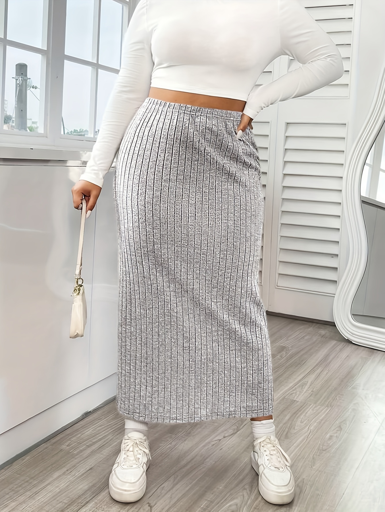 Midi Skirt Cute Pencil Skirts Women's High-Waisted Ribbed Midi