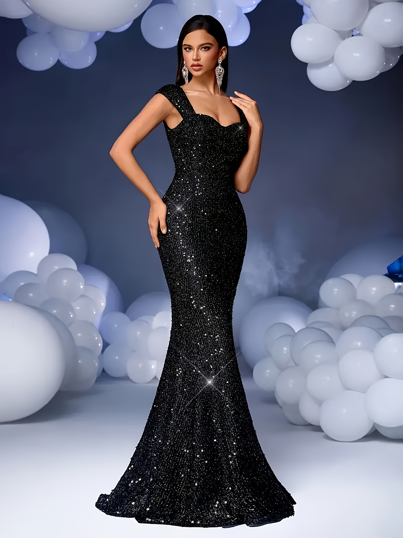 elegant shoulder black sequin mermaid gown sexy bridesmaid Temu
