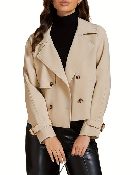womens casual cropped trench coat double breasted notched lapel long sleeve jacket regular fit with pockets machine washable solid color versatile outerwear design
