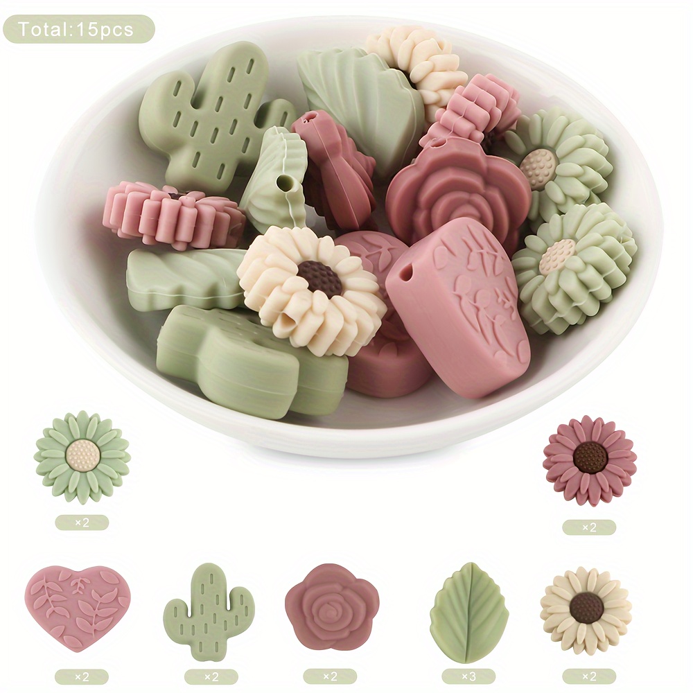 

15 Pcs Silicone Bead Assortment For Diy Crafting - Plant, Flower & Heart Shapes For Jewelry, Bracelets, Keychains - Creative Handmade Accessories Kit