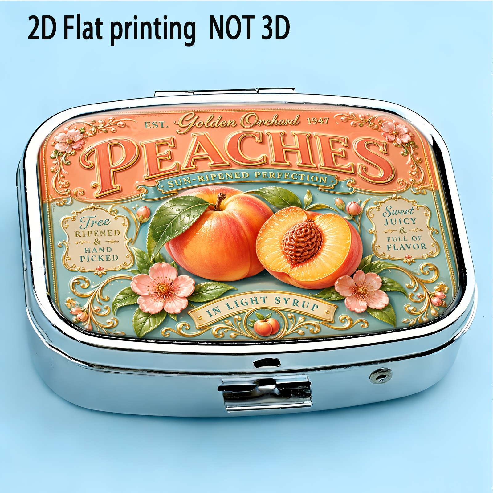 TEMU 1pc Square Pill Box/peony Peach Fruit Decorative Pattern Warm Retro Medicine Label Style/2d Flat Printing/high Aesthetic Small Pill Box/portable