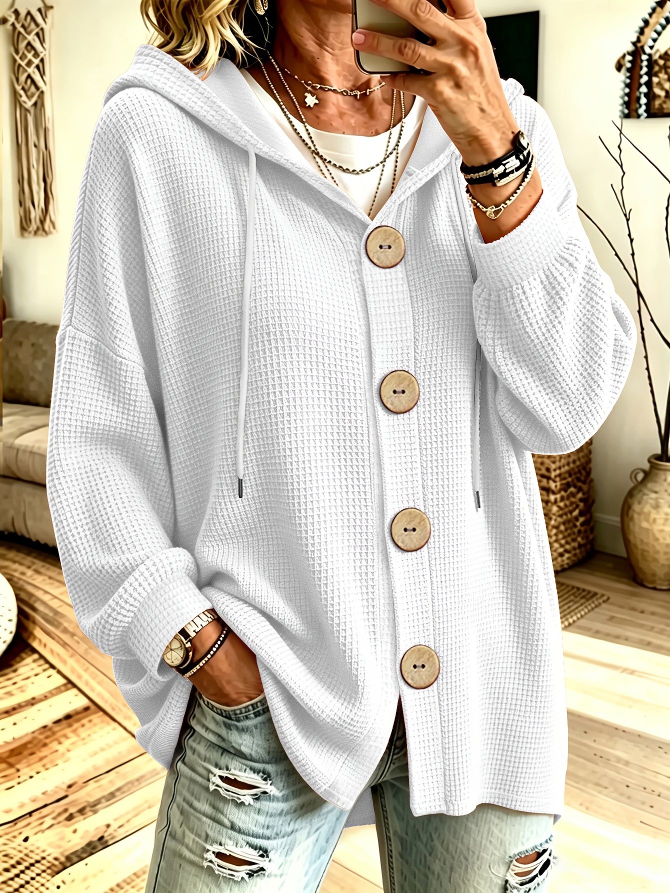 womens hooded cardigan sweatshirt jacket stylish and versatile solid color front button hooded jacket