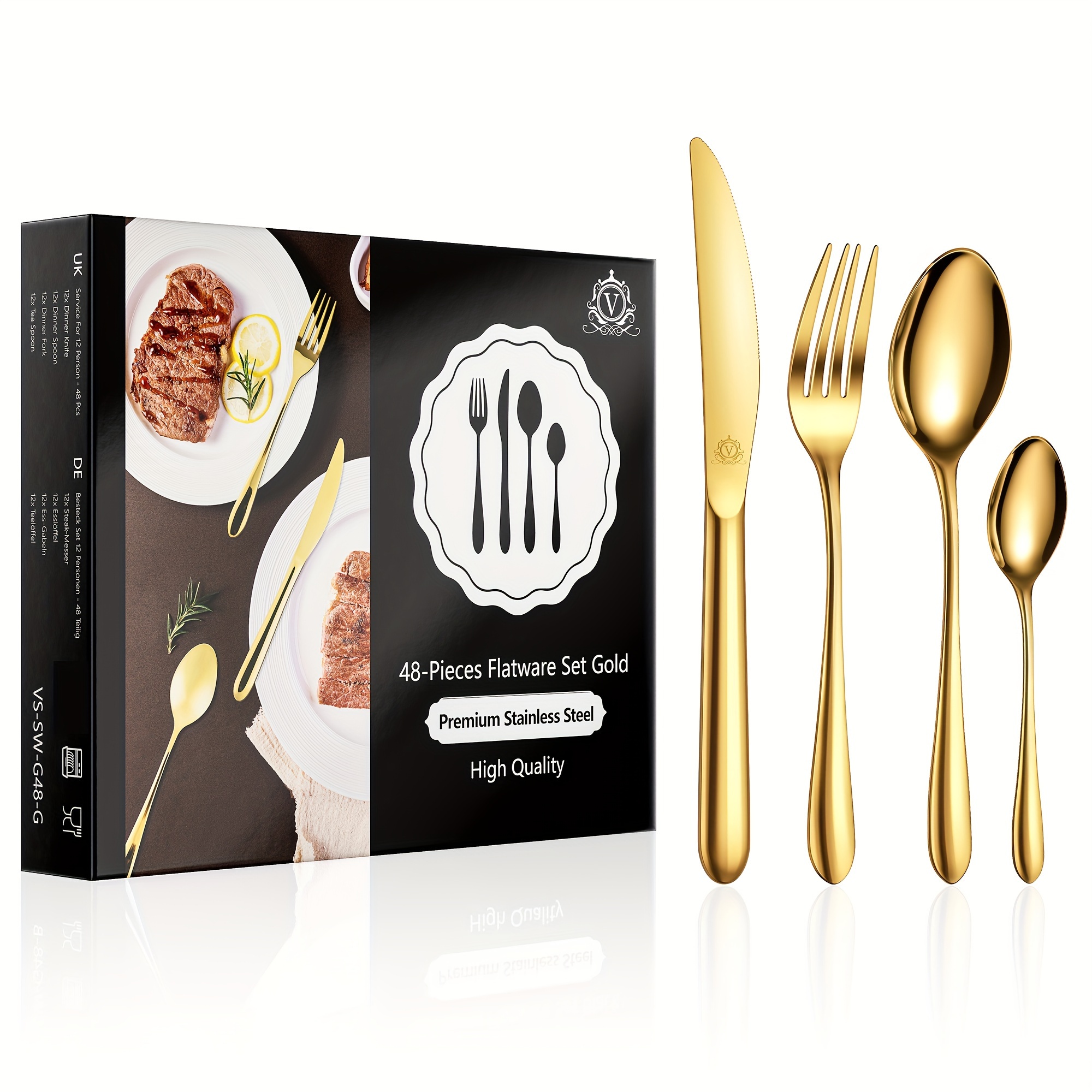 

48pcs Cutlery Cet Gold Stainless Steel For 12 People Mirror Polished