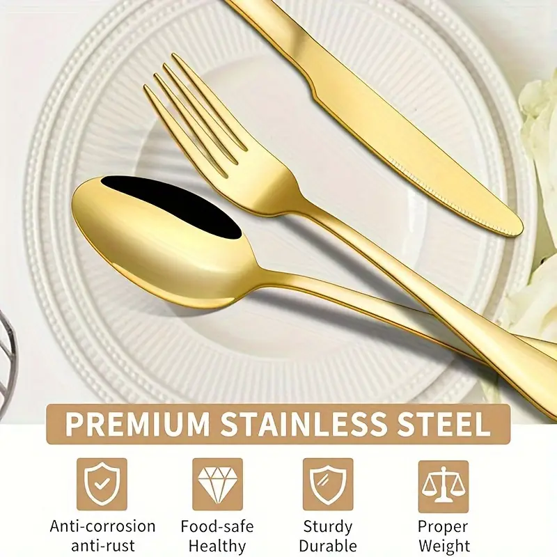 30pcs golden stainless steel silverware with gift box set 6 people forks and spoons flatware set polishing exquisite wooden box packaging ideal for business gifts weddings celebrations banquets Product details 3