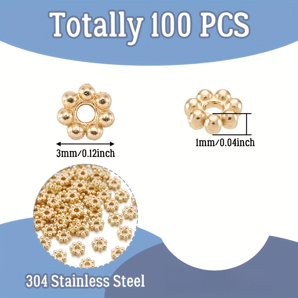 TEMU 100pcs d'espaces en acier inoxydable 304 plaqué or , perles de fleurs, 3 mm (0,12 pouce) de diamètre, perles et assortiments de perles