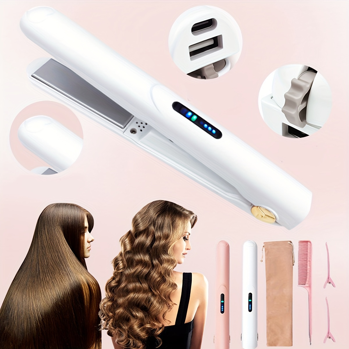 

Cordless Mini Hair Straightener And Curling Iron, Usb Rechargeable Portable 2-in-1 Flat Iron, Gifts For Women