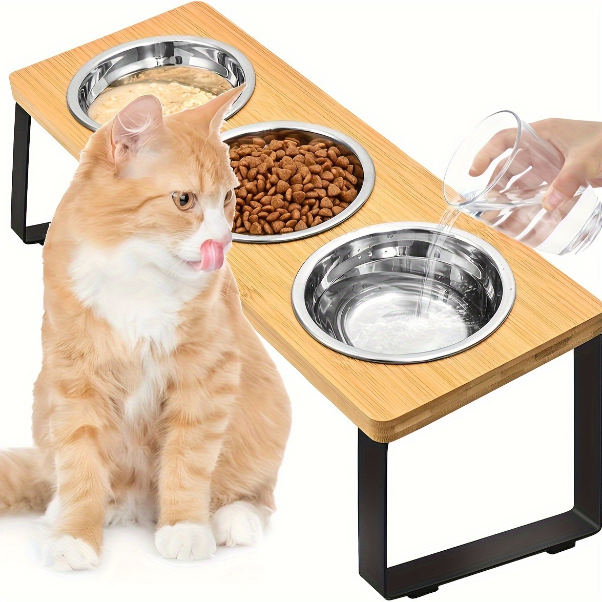 

3 In 1 Elevated Car Bowls, Solid Wood Cat Feeder Station With Stainless Steel Food Bowl Water Bowl For Neck Protection, Pet Feeding Supplies