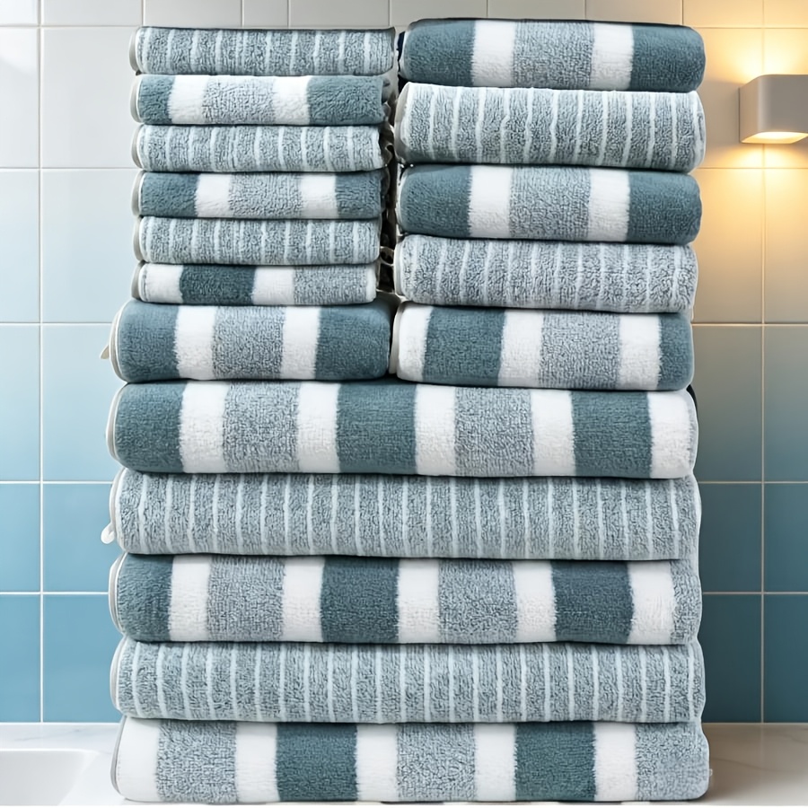 TEMU 17pcs Set Of 5pcs Bath Towels And 6pcs Hand Towels And 6pcs Square Towels, Striped Pattern Microfiber Material Soft And Comfortable And