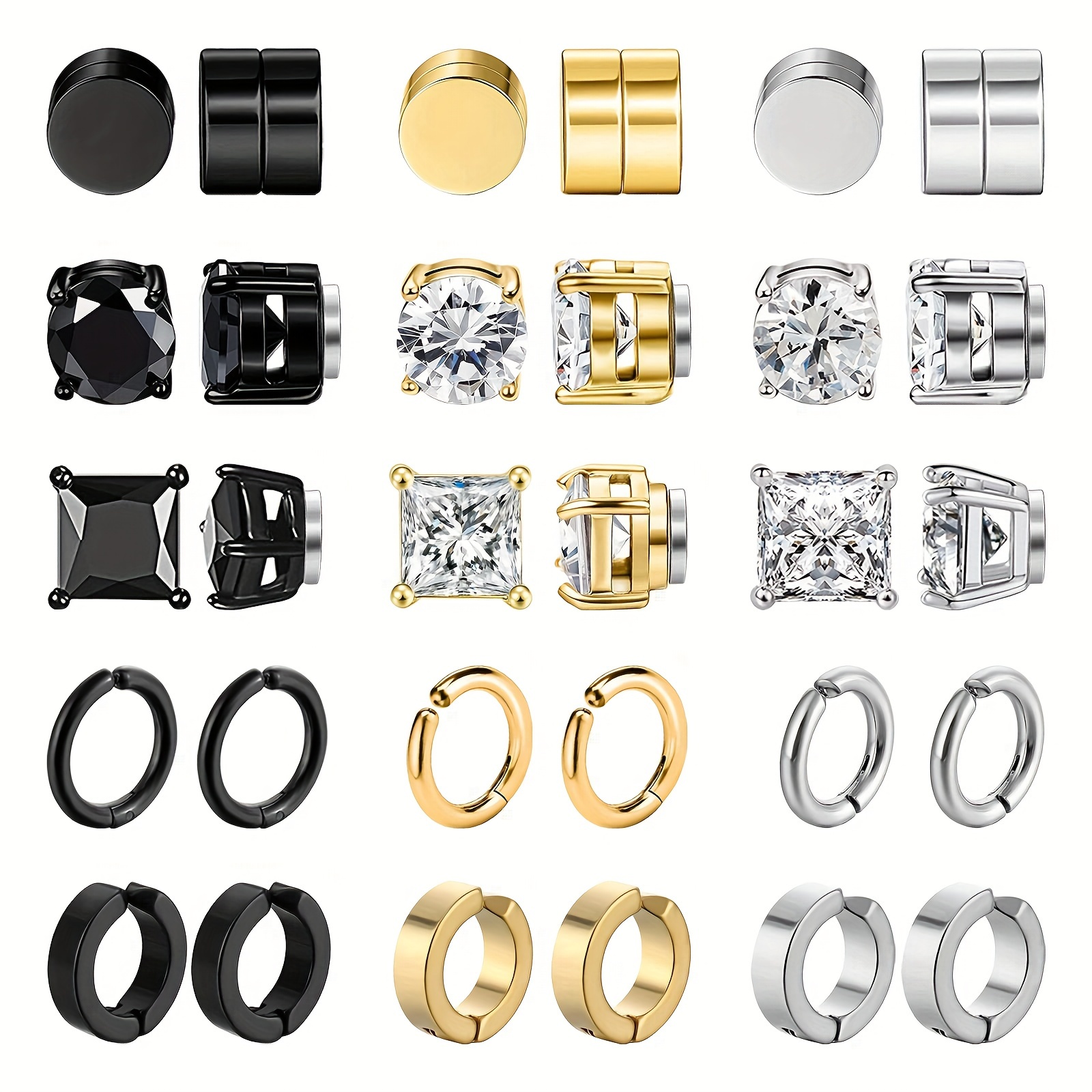 

15pairs Magnetic Stud Earrings For Men, Stainless Steel Magnetic Earrings Men Clip On Earrings, Non Piercing Cross Earrings, Unisex Cz Hoop Dangle Magnetic Earrings
