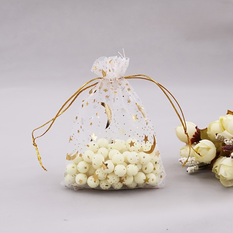TEMU Lot de 30 sacs élégants en organza blanc avec découpes et lune dorées - Sacs à de fête en tissu robuste avec fermeture à cordon de serrage