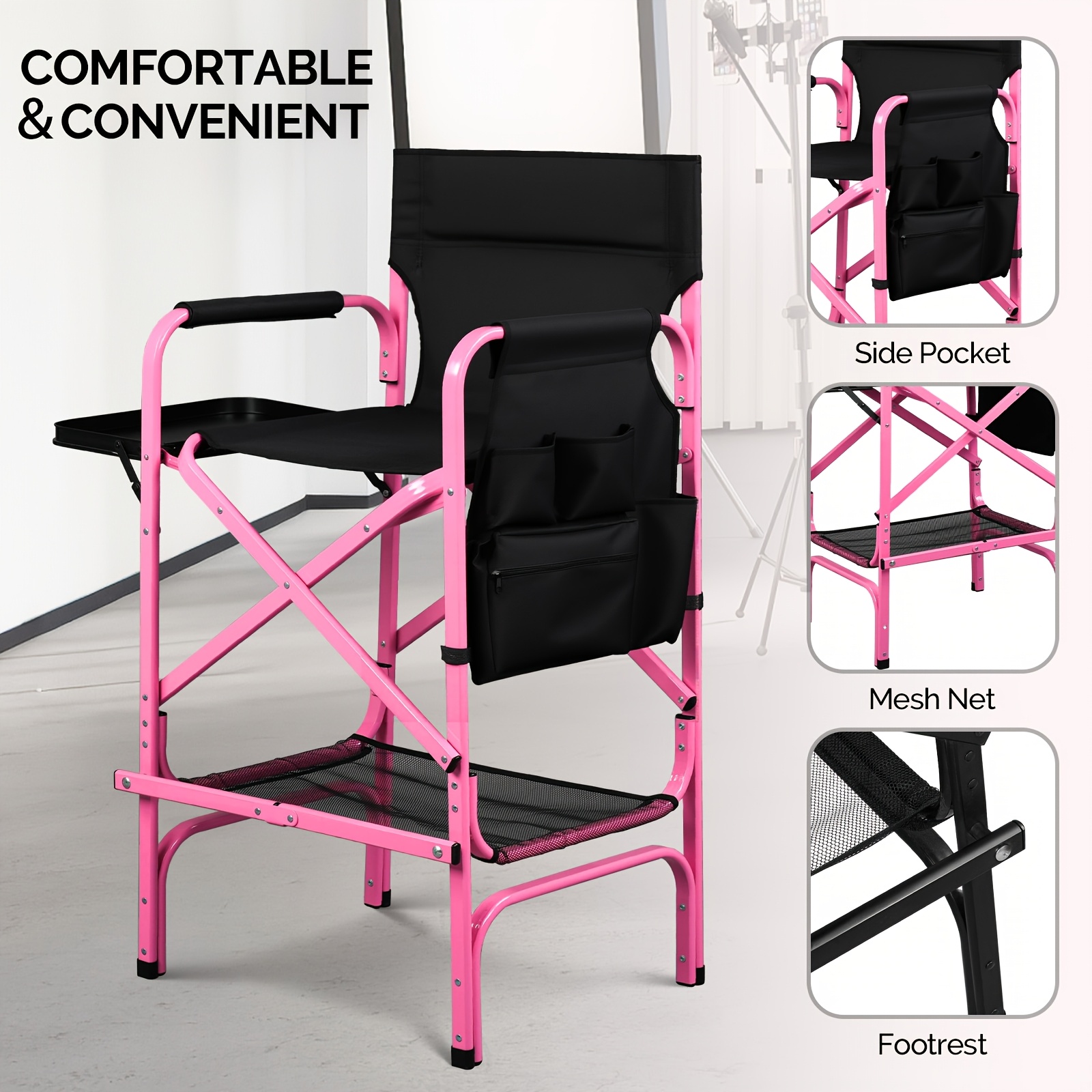 TEMU 30" Tall 's Chair With Carry Bag & Retractable Side Table, Portable Folding Makeup , Aluminum Frame, 300 Lbs Capacity, For Salon, Outdoor