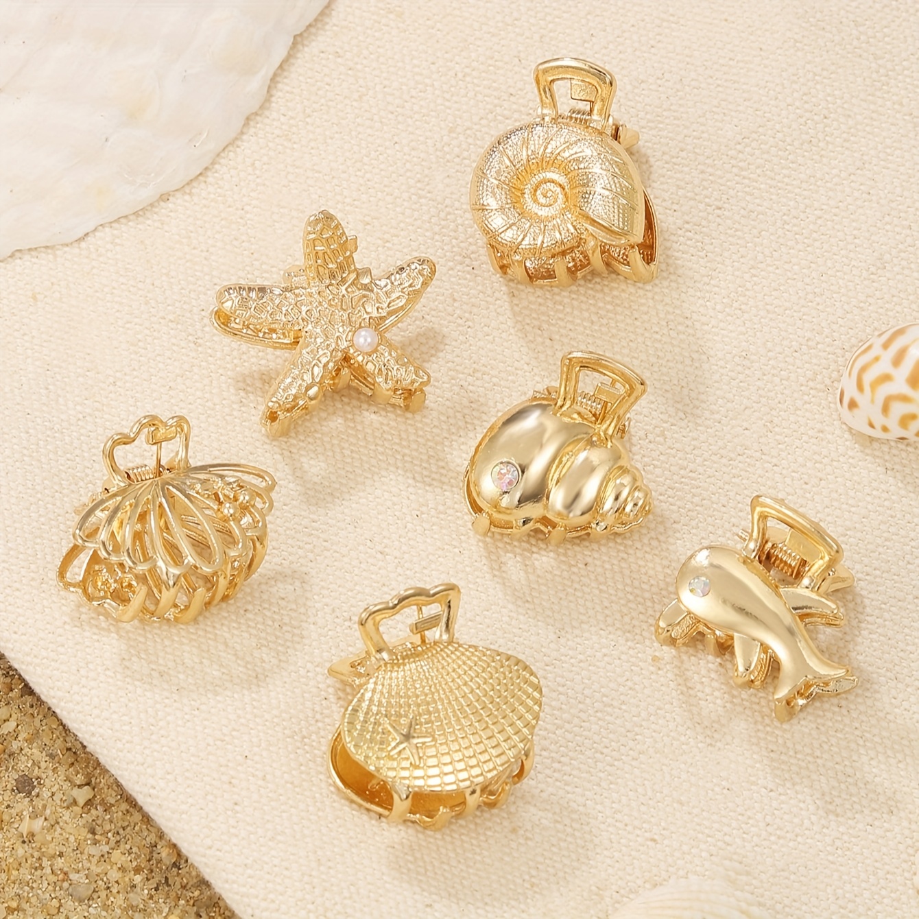 Image of A Set Of 6 Minimalist, Stylish, Metal Alloy Inlaid Diamond Small Starfish, Shell, Conch, Dolphin, Scallop Hair Clips For Women' Vacation Travel Broken Hair Finishing Clip Bangs Clip