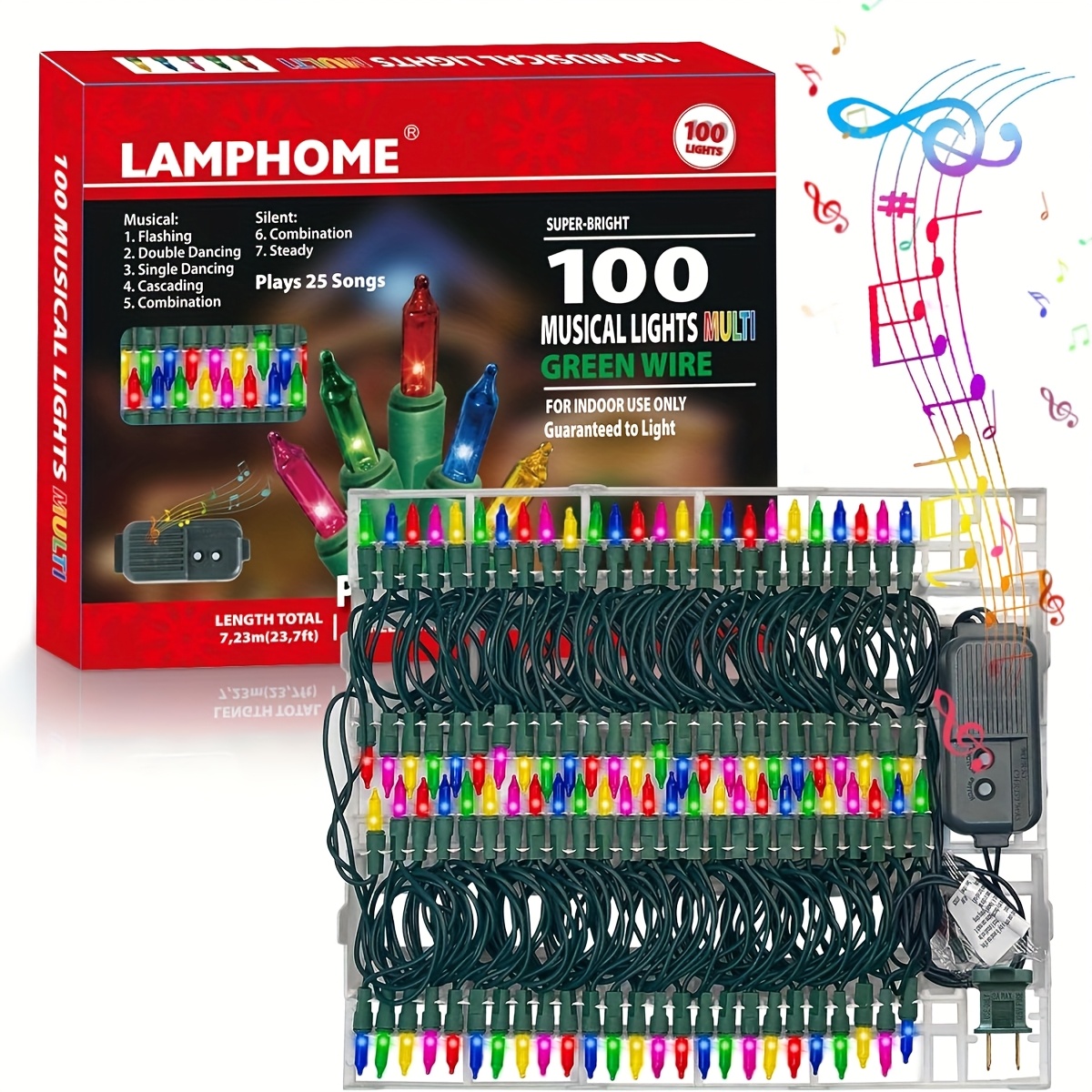 TEMU Musical Christmas Lights With 100 Mini Bulbs (23.7ft) & 25 Song Tracks - Multicolor Display With Timer & Remote Control, Plug-in Indoor String