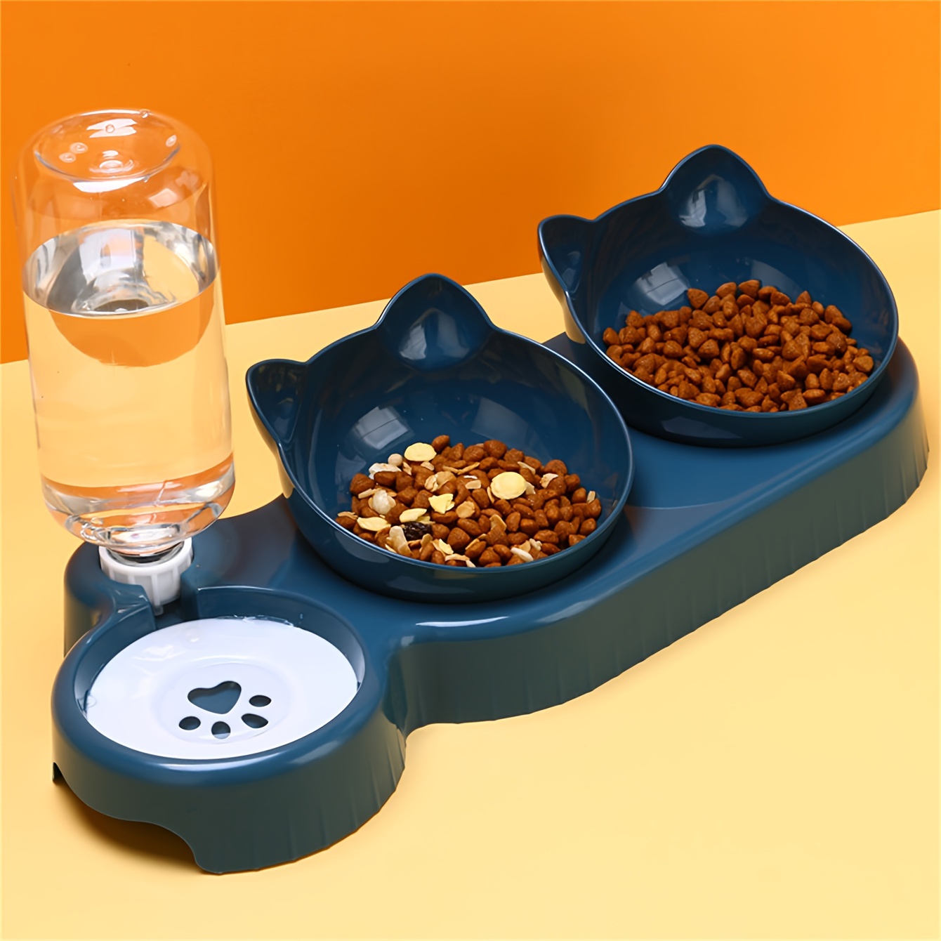 

Cat Bowls Double Feeder - Plastic Pet Food & Water Bowls For Cats, Automatic Water Dispenser, Dual Dish Set With Paw Print Design