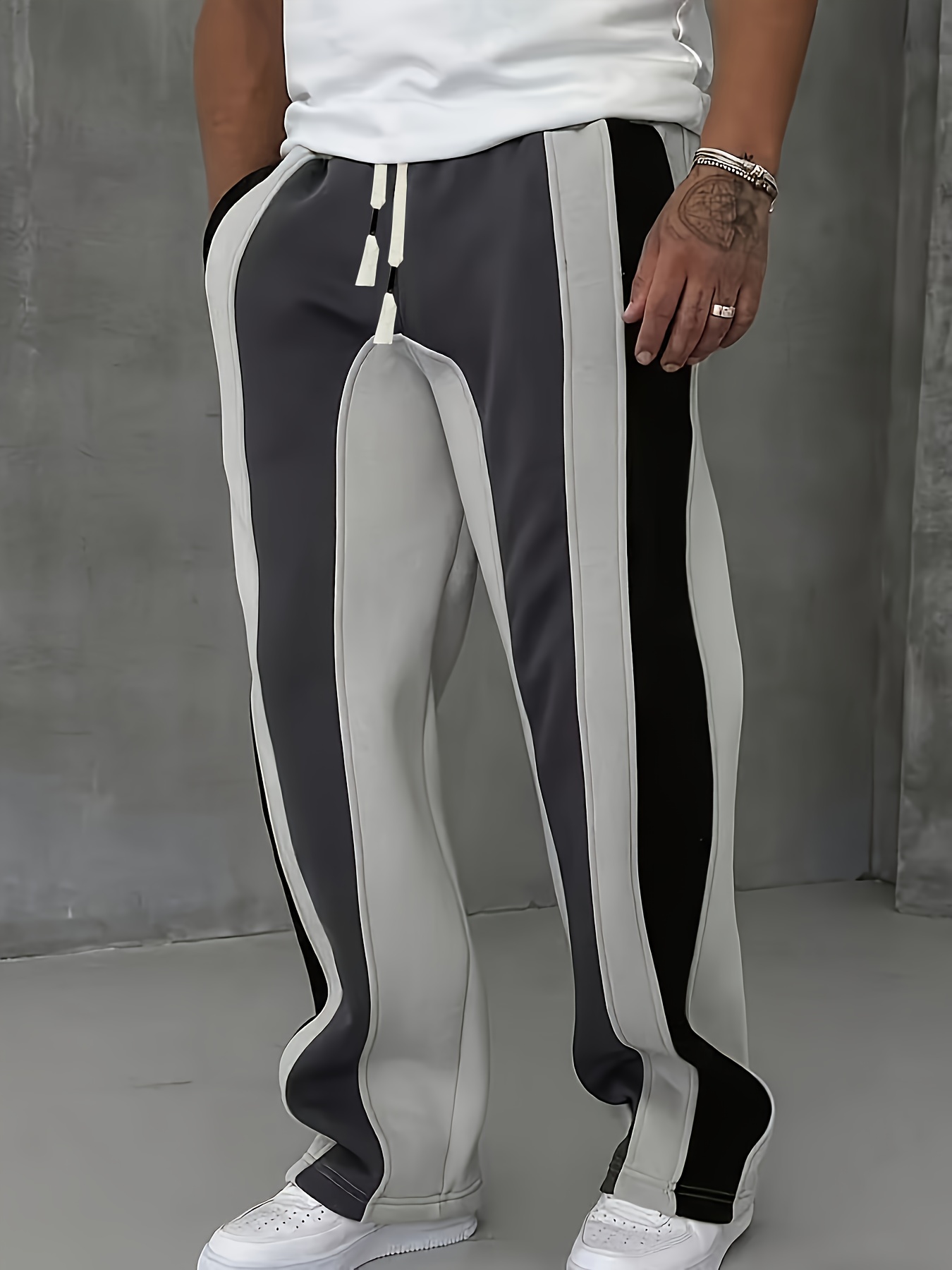 Men S Casual Striped Contrast Pants - Elastic Drawstring Waist, Breathable Machine-Washable Fabric, Loose Fit Straight-Leg Trousers for Spring Summer Fall, Versatile Outdoor & Casual Attire, Comfortable  ,  , Comfortable Clothing, Spring Summer Trousers, Contrast  , Smooth Texture Fabric