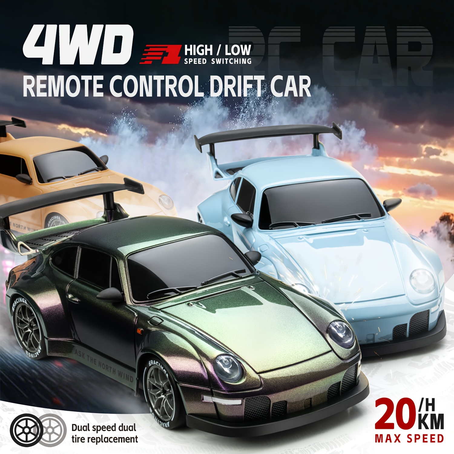 1:24RC Drift Car, Four-color for PORSCHE Car, 20km/h High-speed Rc Car, 4WD RemoteControl Car with Tire Roadblocks And LED Lights Batteries Suitable for Children Over 8 Years Old Birthday, Holiday Gifts