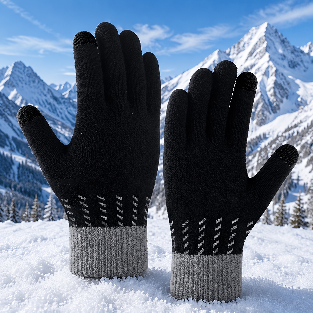TEMU Brushed Full-finger Touchscreen Knitted Gloves With Inner Lining, Thickened Warm Contrasting Color Striped Winter Gloves, Men And Women For